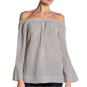Joie Black and White Striped Off-Shoulder Blouse